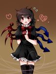  absurdres arm_behind_back asymmetrical_wings black_hair blue_wings blush bow bowtie cowboy_shot dress fang flower gradient gradient_background heart heart_of_string highres houjuu_nue looking_at_viewer open_mouth red_eyes red_wings short_hair shy sizimi-sijimi solo thighhighs touhou tsurime wings zettai_ryouiki 