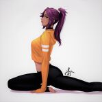  1girl black_pants bleach crop_top dark-skinned_female dark_skin from_side highres long_sleeves midriff pants ponytail purple_hair shihouin_yoruichi solo yajuu_(tristan_maska) yoga_pants 