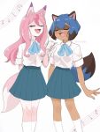  2girls :d animal_ears animal_nose artist_name black_hair blue_bow blue_bowtie blue_hair blue_skirt blush bob_cut bow bowtie brand_new_animal breasts cellphone closed_mouth collared_shirt dark-skinned_female dark_skin earbuds earphones eyelashes feet_out_of_frame fox_ears fox_girl fox_tail furry furry_female hair_between_eyes hair_over_shoulder highres hiwatashi_nazuna holding holding_phone kagemori_michiru multicolored_hair multiple_girls music musical_note nimono_(nimono9292) open_mouth phone pink_hair pleated_skirt raccoon_ears raccoon_girl raccoon_nose raccoon_tail school_uniform shared_earphones shirt short_hair short_sleeves side-by-side signature simple_background singing skirt small_breasts smartphone smile socks staff_(music) tail twitter_username two-tone_hair white_background white_shirt white_socks 