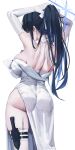 1girl absurdres adjusting_hair ass bare_shoulders black_hair blue_archive blue_hair blue_halo breasts closed_eyes colored_inner_hair dress elbow_gloves from_behind garter_straps gloves gompang_11 hair_ribbon halo highres large_breasts long_hair multicolored_hair ponytail ribbon saori_(blue_archive) saori_(dress)_(blue_archive) simple_background solo thighhighs two-tone_hair white_background white_dress white_garter_straps white_gloves white_ribbon white_thighhighs 