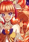  :d amanogawa_kirara bare_shoulders blush brooch brown_hair collarbone cure_twinkle earrings eyelashes finger_to_mouth gloves go!_princess_precure headband jewelry long_hair looking_at_viewer magical_girl multicolored_hair multiple_girls naruse_yasuhiro open_mouth orange_hair precure purple_eyes quad_tails red_hair ribbon smile star star_earrings streaked_hair time_paradox twintails two-tone_hair upper_body 