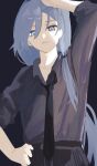  1girl alternate_costume black_background black_necktie black_shirt black_skirt blue_eyes blue_hair fu_hua grey_hair hair_between_eyes hand_on_own_hip hand_on_own_horn highres honkai_(series) honkai_impact_3rd long_hair long_sleeves looking_at_viewer low-tied_long_hair low_ponytail necktie ponytail shirt sho_2nini simple_background skirt solo 