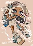  1girl agent_8_(splatoon) blush bodysuit bright_pupils brown_background closed_mouth commentary_request copyright_name dark-skinned_female dark_skin drone dual_wielding eyelashes full_body grey_eyes grey_hair gun highres holding holding_gun holding_weapon medium_hair non-humanoid_robot octoling_girl octoling_player_character pearl_drone_(splatoon) robot shoes simple_background sleeveless sleeveless_bodysuit socks splat_dualies_(splatoon) splatoon_(series) splatoon_3 splatoon_3:_side_order tentacle_hair thick_eyebrows weapon white_bodysuit white_footwear white_pupils white_socks yoshishi_(yosisitoho) 