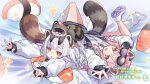  2girls animal animal_ears animal_on_head arms_up bed_sheet chestnut_mouth commission fish_(food) food grey_hair jacket kazana_(sakuto) long_hair long_sleeves loose_socks lying lying_on_person multiple_girls nigirizushi on_back on_head on_stomach original outstretched_arms parted_lips pink_hair puffy_long_sleeves puffy_sleeves raccoon raccoon_ears raccoon_girl raccoon_tail red_eyes shirt shoes single_sock skeb_commission sleeves_past_wrists socks striped_tail sushi tail thank_you translation_request white_footwear white_jacket white_shirt white_socks 