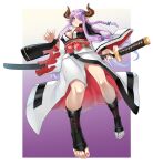  1girl baiken baiken_(cosplay) blue_eyes blush border breasts cleavage cleavage_cutout clothing_cutout cosplay cow_horns draph eiji_(eiji) feet full_body granblue_fantasy granblue_fantasy_versus granblue_fantasy_versus:_rising guilty_gear guilty_gear_strive hair_ornament hair_over_one_eye highres holding holding_sword holding_weapon horns japanese_clothes katana kimono large_breasts long_hair looking_at_viewer nail_polish open_clothes open_kimono orange_nails purple_hair sash solo sword thighs toenail_polish toenails weapon white_border wide_sleeves 