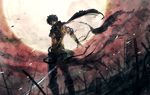  329 abstract armor backlighting bad_id bad_pixiv_id black_hair doudanuki_masakuni field_of_blades from_behind japanese_armor looking_at_viewer looking_back male_focus sanpaku scar scarf shoulder_armor sode solo standing sword torn_clothes touken_ranbu weapon yellow_eyes 