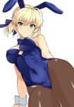  1girl ahoge animal_ears artoria_pendragon_(fate) blonde_hair blue_bow blue_bowtie blue_leotard blue_ribbon blush bow bowtie breasts brown_pantyhose closed_mouth covered_navel detached_collar fake_animal_ears fate/grand_order fate/stay_night fate_(series) from_below green_eyes hair_ribbon haruhisky highres leotard looking_at_viewer medium_breasts pantyhose playboy_bunny rabbit_ears ribbon saber_(fate) simple_background solo standing white_background white_wrist_cuffs wrist_cuffs 