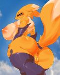 absurd_res anthro ashraely bandai_namco biped blue_eyes breasts digimon digimon_(species) female fur genitals hi_res low-angle_view naus pussy rear_view renamon solo yellow_body yellow_fur