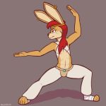  action_pose anthro arabic arwokom bandage bulge clothing ear_piercing ear_ring hair lagomorph long_ears long_hair male mammal mostly_nude ninja pants piercing pose rabbit smile teeth 