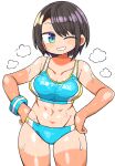  1girl abs black_hair blue_eyes blue_sports_bra breasts cleavage collarbone grin hands_on_own_hips hololive kanikama large_breasts looking_at_viewer navel one_eye_closed oozora_subaru parted_lips short_hair simple_background smile solo sports_bra sweat tan tanlines teeth virtual_youtuber white_background 