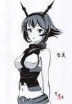  arms_behind_back breasts greyscale headgear highres kantai_collection light_smile looking_at_viewer medium_breasts midriff monochrome mutsu_(kantai_collection) navel potekite short_hair simple_background sleeveless solo upper_body white_background 