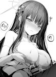  1boy 1girl ? absurdres bar_censor blue_archive blush breasts censored closed_mouth commentary_request cum cum_on_body cum_on_breasts earrings elbow_gloves erection gloves greyscale halo hetero highres jewelry large_breasts long_hair monochrome nipples nose_blush paizuri penis saori_(blue_archive) solo_focus spoken_question_mark uko_magi white_background 