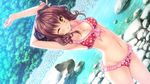  ;o armpits arms_up bikini blush breasts brown_hair cleavage dutch_angle forest frilled_bikini frills game_cg hair_ribbon medium_breasts natsu_no_iro_no_nostalgia nature navel one_eye_closed open_mouth orange_bikini orikuchi_miu outdoors print_bikini ribbon river short_hair solo star star_print swimsuit twintails yamakaze_ran yellow_eyes 