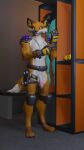 accessory anthro belt black_nose canid canine claws clothing epic_games fennix_(fortnite) finger_claws fingerless flaccid fortnite fox fur genitals gloves handwear hi_res humanoid knee_pads locker locker_room male mammal orange_light pat3awelitas300 penis solo spikes toe_claws white_body white_fur yellow_eyes