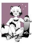  1girl :d animal_ears bandaid bandaid_on_knee bandaid_on_leg bare_shoulders black_sports_bra bob_cut border brand_new_animal breasts bright_pupils claws collarbone commentary crossed_legs dithering english_commentary full_body furry furry_female greyscale hair_between_eyes highres holding holding_skateboard kagemori_michiru light_particles loose_hair_strand loose_socks monochrome multicolored_hair nemeko_(k6cats) on_ground open_mouth outside_border purple_background raccoon_ears raccoon_girl raccoon_tail shoes short_hair short_shorts shorts sitting skateboard small_breasts smile sneakers socks solo sparkle sports_bra spot_color tail tank_top thick_eyebrows tomboy two-tone_hair white_border white_pupils white_tank_top 