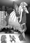  1girl anger_vein broom cityscape comic commentary corpse dress elza_straherz greyscale highres jacket long_hair monochrome night open_clothes open_jacket original pants rakurakutei_ramen scarf school_uniform shirt silent_comic sunglasses thighhighs very_long_hair zettai_ryouiki 