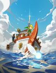  1girl 2boys afloat blonde_hair blue_sky boat cloud cloudy_sky fairy green_headwear green_tunic highres holding linebeck link male_focus master_sword multiple_boys navi ocean on_water outdoors pointy_ears sailing_ship sky the_legend_of_zelda the_legend_of_zelda:_phantom_hourglass toon_link tunic two_pokemon water watercraft 