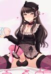  1girl after_masturbation artificial_vagina bar_censor beret black_hair blunt_bangs blush breasts censored cleavage condom condom_on_penis cum futanari hat high-waist_skirt highres holding holding_sex_toy idolmaster idolmaster_shiny_colors large_breasts long_hair long_sleeves mayuzumi_fuyuko miniskirt mobukichi nose_blush orange_eyes penis sex_toy skirt spread_legs thighhighs used_condom used_condom_on_penis 