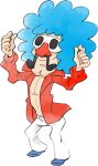  1boy big_nose blue_footwear blue_hair facial_hair jacket jimmy_t lowres mustache official_art open_clothes open_jacket pants red_jacket red_nose smile sunglasses takeuchi_kou third-party_source warioware warioware:_get_it_together! white_pants 
