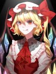  1girl ascot blonde_hair blood blood_on_face crystal_wings flandre_scarlet hat hat_ribbon jun_jun_0319 mob_cap red_ascot red_eyes red_ribbon ribbon side_ponytail solo touhou upper_body 