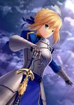  ahoge armor armored_dress artoria_pendragon_(all) blonde_hair caliburn dress fate/stay_night fate_(series) gauntlets green_eyes hair_ribbon kai_(link2262) planted_sword planted_weapon ribbon saber sheath sheathed solo sword weapon 