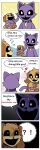 &lt;3 ?! anthro bery_(artist) canid canine canis catnap_(poppy_playtime) collar comic dogday_(poppy_playtime) domestic_cat domestic_dog duo english_text felid feline felis hi_res holding_object_with_tail male mammal open_mouth poppy_playtime smiling_critters text