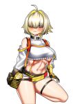  bare_shoulders blonde_hair breasts clothing_cutout crop_top elegg elegg_(nikke) gloves goddess_of_victory:_nikke hair_over_eyes highres large_breasts multicolored_hair sgtducky96 short_hair sweater two-tone_hair white_sweater 