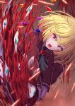  1girl ascot black_ascot blonde_hair blood blood_splatter cowboy_shot crystal_wings dress flandre_scarlet highres mizunisabano open_mouth pointy_ears red_dress red_eyes solo touhou 