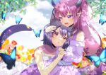  2girls :d animal animal_ear_fluff animal_ears black_hair brown_eyes bug butterfly cat_ears cat_girl cat_tail collarbone commentary_request commission dress fang flower frilled_sleeves frills hair_between_eyes holding_hands horns kou_hiyoyo long_hair long_sleeves multiple_girls off-shoulder_dress off_shoulder open_mouth original parted_lips pink_dress pink_flower pink_hair pointy_ears puffy_long_sleeves puffy_sleeves purple_eyes red_flower short_hair skeb_commission sleeveless sleeveless_dress sleeves_past_wrists smile tail very_long_hair white_dress white_flower yellow_flower yuri 