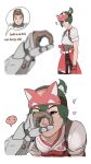  2girls bent_over blurry breasts brigitte_(overwatch) brown_eyes brown_hair commentary english_commentary english_text facial_mark fox_mask gloves green_hair half_mask heart highres japanese_clothes kiriko_(overwatch) mask multiple_girls overwatch overwatch_2 ponytail red_gloves short_ponytail small_breasts snoot_challenge tears teecee_zhang vambraces 