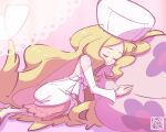  1girl blonde_hair caitlin_(pokemon) cape closed_eyes closed_mouth dress hat highres kyonart long_hair long_sleeves lying pink_background pink_cape pink_dress pink_headwear pokemon pokemon_bw see-through see-through_cape sleeping smile solo very_long_hair 