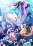 1girl :d absurdres air_bubble ass blue_bow blue_eyes bow bubble commentary_request fish genshin_impact gloves highres jellyfish long_sleeves navel open_mouth pink_hair sandals sangonomiya_kokomi smile solo stomach thighhighs thighs underwater wanatsu_15 white_gloves white_thighhighs 