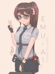  1girl bag belt belt_buckle breasts brown_hair buckle fingerless_gloves glasses gloves highres holding holding_bag long_hair looking_at_viewer necktie non-web_source personification simple_background smile solo train v walkie-talkie 