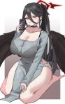  1girl :t absurdres alternate_costume bare_legs barefoot black_bra black_choker black_hair black_wings blue_archive bra bra_strap breasts cellphone choker cleavage collarbone dress feathered_wings fingernails gradient_background grey_dress halo hasumi_(blue_archive) highres holding holding_phone huge_breasts long_hair long_hair_between_eyes mole mole_under_eye pelvic_curtain phone ponytail pout red_eyes red_halo seiza simple_background sitting solo underwear very_long_hair wings xvb259 