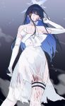  1girl bechu blood blood_on_clothes blood_on_face blue_archive blue_eyes blue_hair blue_halo choker dress elbow_gloves gloves halo highres holding holding_weapon saori_(blue_archive) saori_(dress)_(blue_archive) smoke solo thigh_strap torn_clothes torn_dress weapon white_dress 