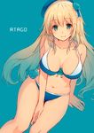  arm_support atago_(kantai_collection) beret between_legs bikini blonde_hair blue_background blue_flower blue_rose breasts character_name cleavage collarbone flower hair_flower hair_ornament hand_between_legs hat kantai_collection large_breasts long_hair looking_at_viewer navel rose shiny shiny_skin smile solo strap_gap swimsuit very_long_hair yashiro_seika 