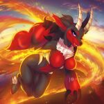 anthro black_body black_fur breasts female fire fur incineram multicolored_body multicolored_fur pal_(species) palworld pinup pocketpair pose purple_eyes purrynx red_body red_breasts red_fur seductive smile solo