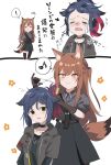  ! 2girls animal_ear_fluff animal_ears arknights arrow_(symbol) black_choker black_hair black_shirt black_skirt brown_gloves brown_hair cat_ears choker closed_eyes closed_mouth collarbone collared_shirt commentary_request ear_protection eighth_note franka_(arknights) gloves green_eyes grey_jacket grey_shirt hair_between_eyes highres holding holding_scissors hood hood_down hooded_jacket jacket jessica_(arknights) long_hair me_(memeinoishi1031) multicolored_hair multiple_girls musical_note notice_lines one_side_up open_clothes open_jacket orange_eyes parted_lips ponytail red_hair scissors shirt skirt smile spoken_exclamation_mark spoken_musical_note tail translation_request two-tone_hair very_long_hair white_background 