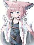  1girl absurdres ahoge animal_ear_fluff animal_ears arknights black_choker blue_dress blue_eyes blurry blurry_background breasts brown_hair choker cleavage commentary_request depth_of_field double_v dress fox_ears fox_girl fox_tail gloves hands_up highres jacket looking_at_viewer open_mouth simple_background small_breasts solo spam_(spamham4506) sussurro_(arknights) tail v white_background white_gloves white_jacket 