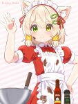  1boy absurdres ahoge animal_ears apron artist_name blonde_hair cat_boy cat_ears dress fish_hair_ornament frilled_apron frills green_eyes hair_ornament hair_ribbon hazakura_hinata heterochromia highres hot_sauce kaya_(hazakura_hinata) maid maid_apron maid_headdress male_focus meme mixer_(cooking) mixing_bowl original otoko_no_ko pepper_(spice) pepper_shaker red_dress red_ribbon ribbon salt_bae_(meme) smile upper_body valentine variant_set white_apron yellow_eyes 