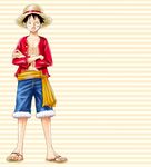  1boy crossed_arms denim denim_shorts full_body hat long_sleeves male male_focus monkey_d_luffy one_piece open_mouth open_shirt red_shirt sandals sash scar shirt shorts solo straw_hat striped_background 