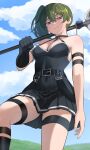  1girl arm_strap armlet bare_shoulders belt black_belt black_choker black_dress black_gloves blue_sky breasts choker closed_mouth cloud cloudy_sky day double-parted_bangs dress feet_out_of_frame gloves green_hair hair_between_eyes highres holding holding_polearm holding_weapon jourd4n long_hair looking_at_viewer looking_down medium_breasts o-ring o-ring_choker outdoors over_shoulder pleated_dress polearm purple_eyes side_ponytail single_glove sky smile solo sousou_no_frieren standing thigh_strap ubel_(sousou_no_frieren) weapon weapon_over_shoulder 