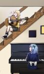  2girls aged_down bang_dream! bang_dream!_it&#039;s_mygo!!!!! black_bow black_footwear blonde_hair blue_dress blue_hair blush bow closed_eyes closed_mouth commentary dress grey_shorts hashtag_only_commentary highres indoors instrument misumi_uika multiple_girls music nohee07 open_mouth piano playing_guitar playing_instrument playing_piano shirt short_hair short_sleeves shorts singing sitting stairs teeth togawa_sakiko two_side_up upper_teeth_only white_bow yellow_shirt 