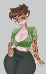 abella_mf_spirit anthro big_breasts breasts cleavage clothed clothing eyebrows fangs felid female hi_res mammal piercing pixelpeewp saber-toothed_tiger sabertooth_(anatomy) solo teeth thick_thighs wide_hips