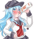  :t @_@ alcohol artist_name bad_id bad_nicoseiga_id blue_eyes blush commentary derivative_work drinking error hat hibiki_(kantai_collection) holding kanijiru kantai_collection long_hair miniskirt neckerchief pleated_skirt school_uniform serafuku signature silver_hair skirt smirnoff_(vodka) solo standing sweatdrop vodka white_background 