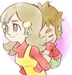  1boy 1girl 5-volt 9-volt apron brown_eyes brown_hair carrying green_pants long_hair lowres mother_and_son official_art pants piggyback red_sweater sleeping smile sweater takeuchi_kou third-party_source warioware warioware:_get_it_together! yellow_apron 