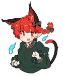  1girl animal_ears blush bow braid cat_ears cat_girl cat_tail commentary fang green_shirt hair_bow highres ini_(inunabe00) kaenbyou_rin long_sleeves medium_hair nekomata open_mouth pointy_ears puffy_sleeves red_eyes red_hair shirt simple_background smile solo tail touhou twin_braids upper_body white_background 