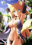  :d ahoge animal_ears armpits arms_behind_head black_panties blonde_hair blush breasts cleavage dog_days fang floating_island fox_ears fox_tail gloves green_eyes hair_ribbon haribote_(tarao) japanese_clothes large_breasts long_hair looking_at_viewer navel open_clothes open_mouth panties ponytail ribbon side-tie_panties smile solo tail tail_raised underboob underwear water waterfall yukikaze_panettone 