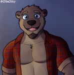 clothed clothing cute_expression cute_eyes facial_hair flannel goatee mammal mustelid ollie_the_otter ollieotty open_clothing open_shirt open_topwear otter pecs shirt smile topwear