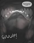 ambiguous_gender ambiguous_species bodily_fluids charu dialogue digital_media_(artwork) english_text first_person_view hi_res oral_vore prey_pov reverse_mouth_shot speech_bubble talking_to_viewer teeth text tongue vendel_(charu) vore